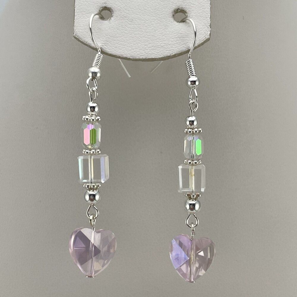 Cute Pink Heart Glass White AB Beaded Dangle Earring Silver Tone Stunning Boho